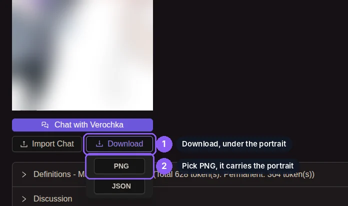 A Chub character page with the Download menu open, showing PNG and JSON.