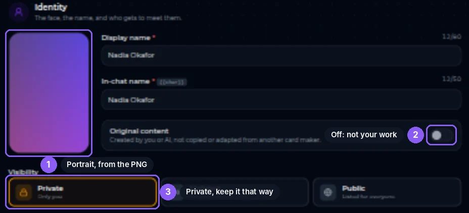 The Identity section after an import: portrait filled, Original content off, visibility Private.