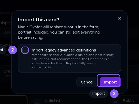 The Import this card dialog, legacy box unchecked, Import button highlighted.