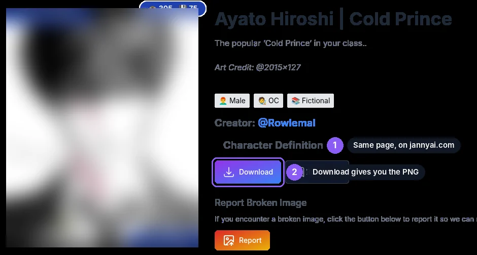 The same character on jannyai.com, with a Character Definition expander and a Download button.